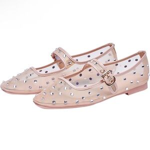 Rhinestone Mesh Ballet Flats Shoes for Women, Mary Jane with Buckle Strap,